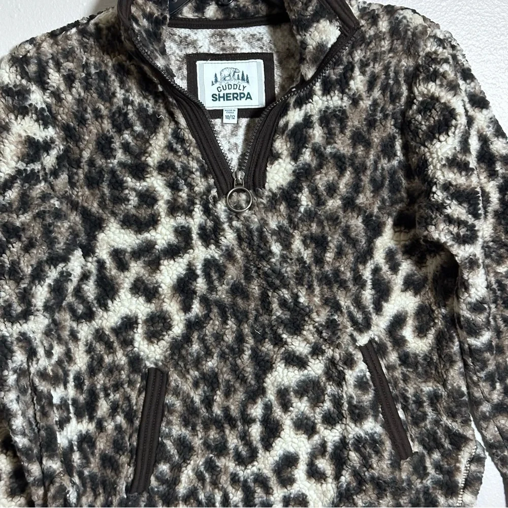 Cuddly Sherpa Girls Brown‎ Leopard Print Kids Fleece Jacket Pullover size 10/12